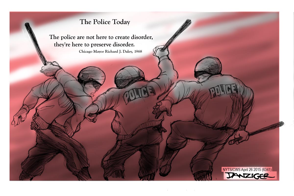 Police violence, police shootings, Richard J Daley, 1968 Chicago riots, political cartoon