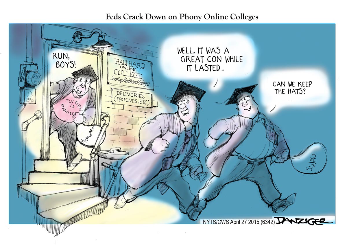 Online Colleges, Corinthinian College, feds, crackdown, political cartoon