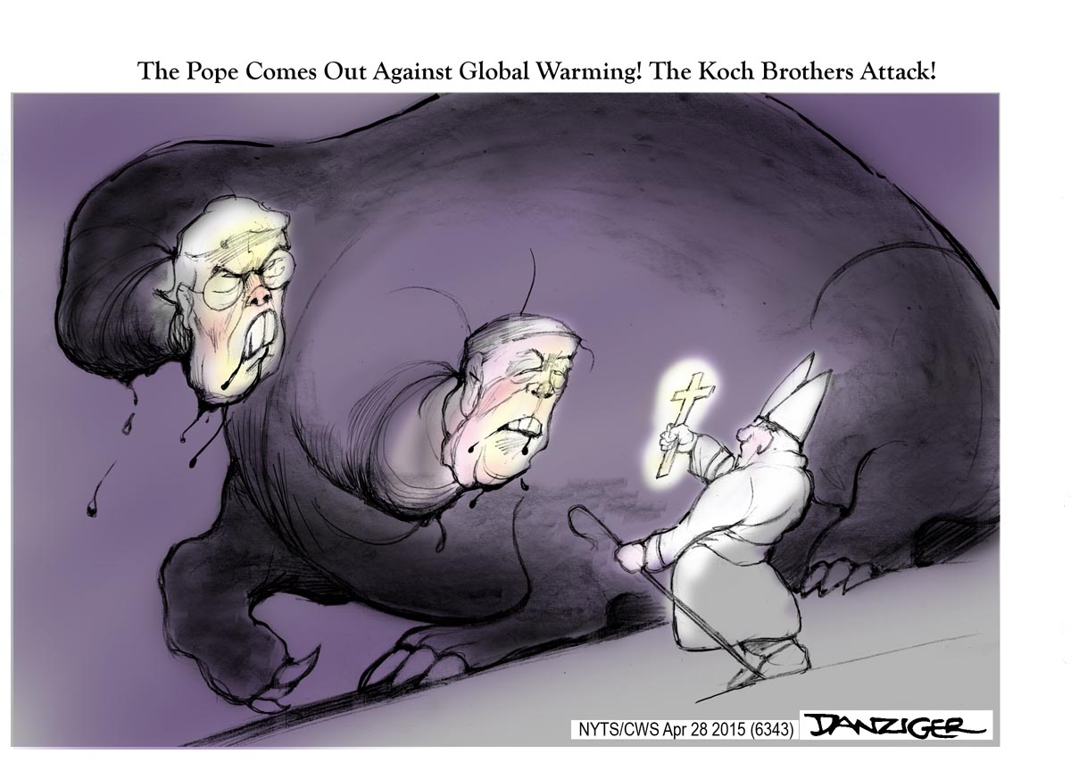 Pope, Global Warming, Koch Brothers, political cartoon