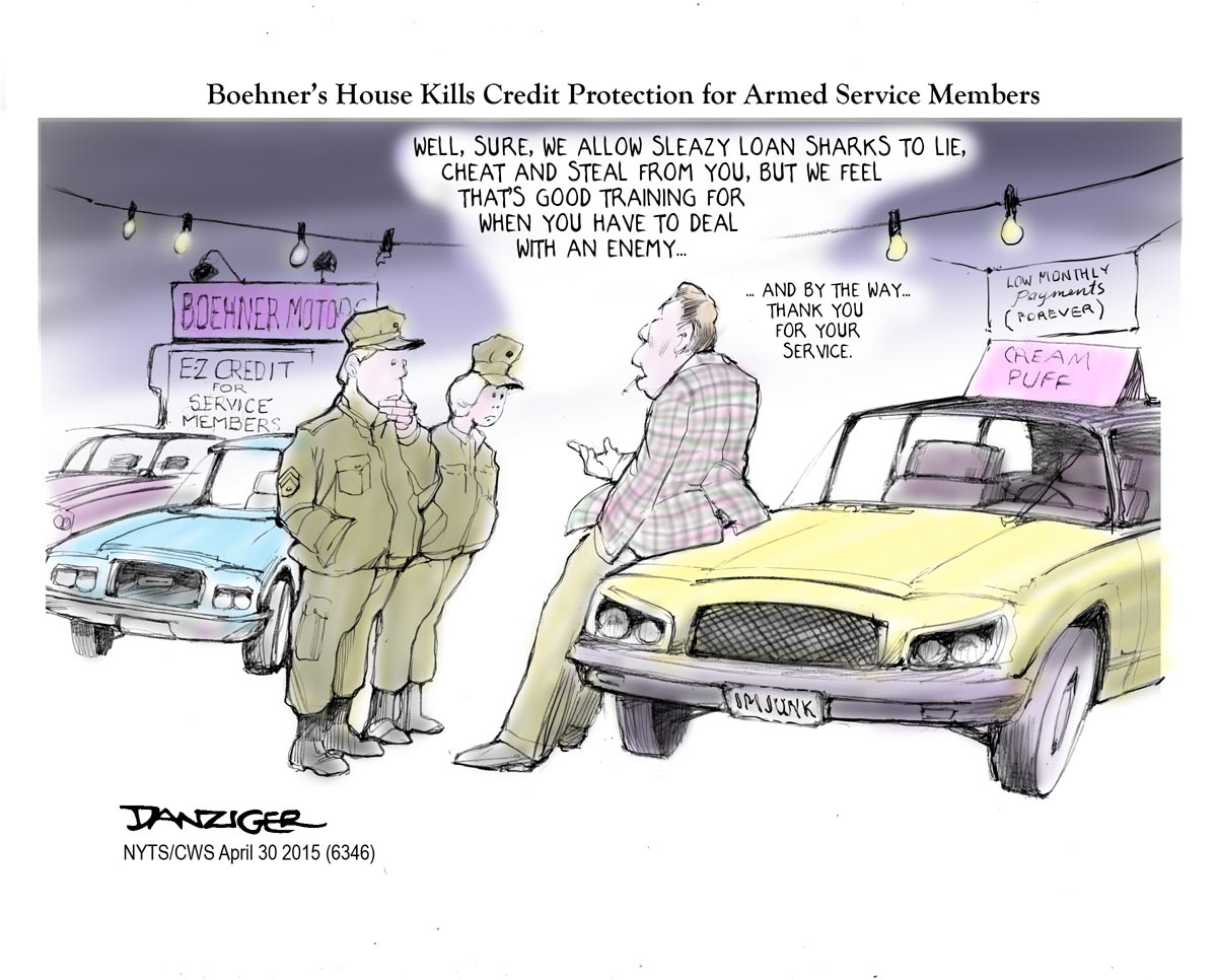 Boehner, US House, GOP, Republicans, credit protection for military, political cartoon