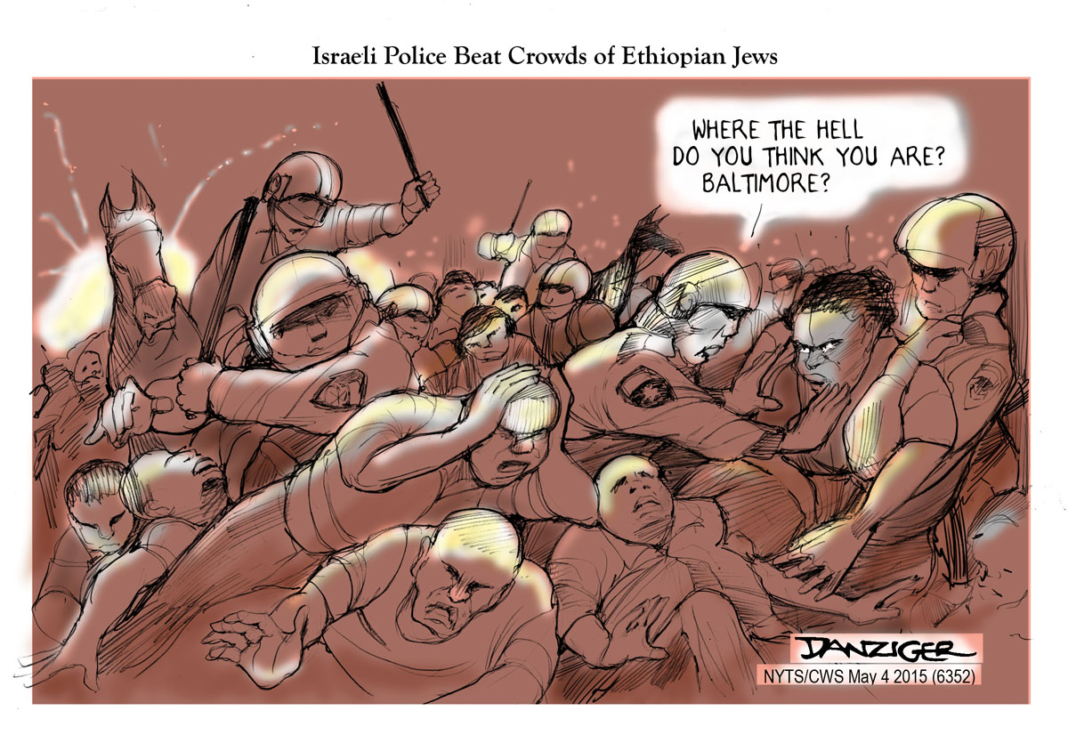 Israeli Cops, Ethiopian Jews, riots, violence, political cartoon