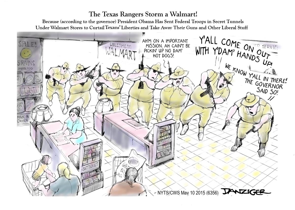 Texas, Operations Jade Helm, Greg Abbot, Walmart, tunnel, Obama, political cartoon