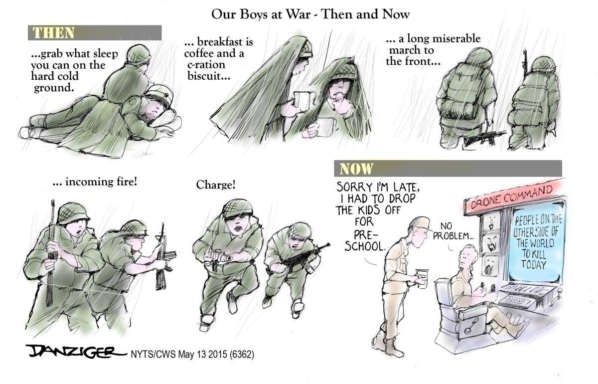 War, drones, US soldiers, then and now, political cartoon