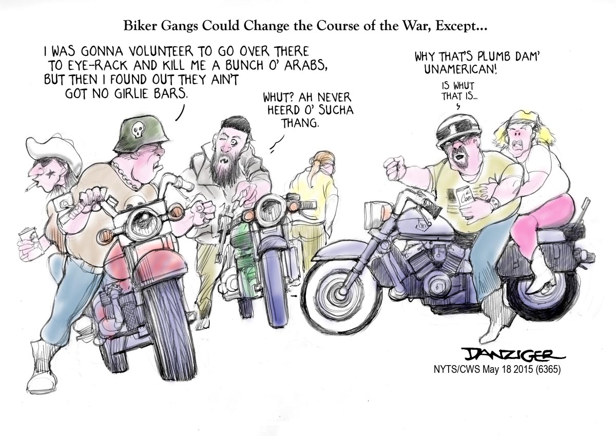 Biker Gangs, Iraq, Waco, gang fight, political cartoon