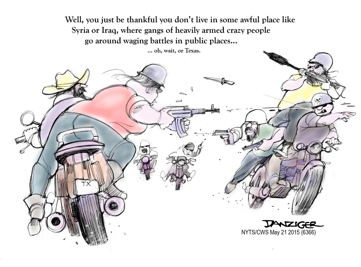 Iraq, Texas, Syria, biker gangs, political cartoon