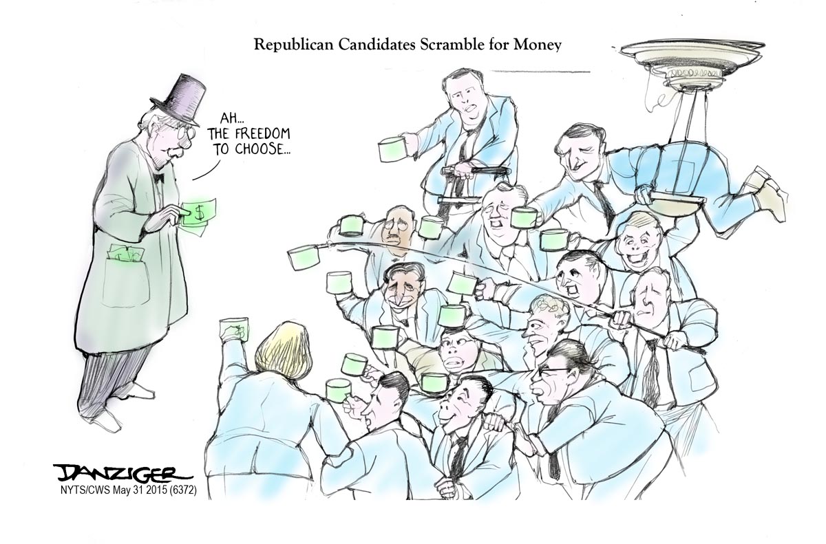 GOP Candidates, Republican primaries, money race, political cartoon