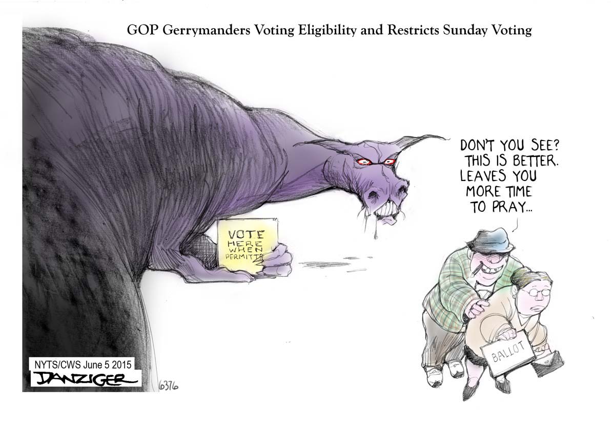 GOP Legislatures, Voting restrictions, Sunday voting, political cartoon