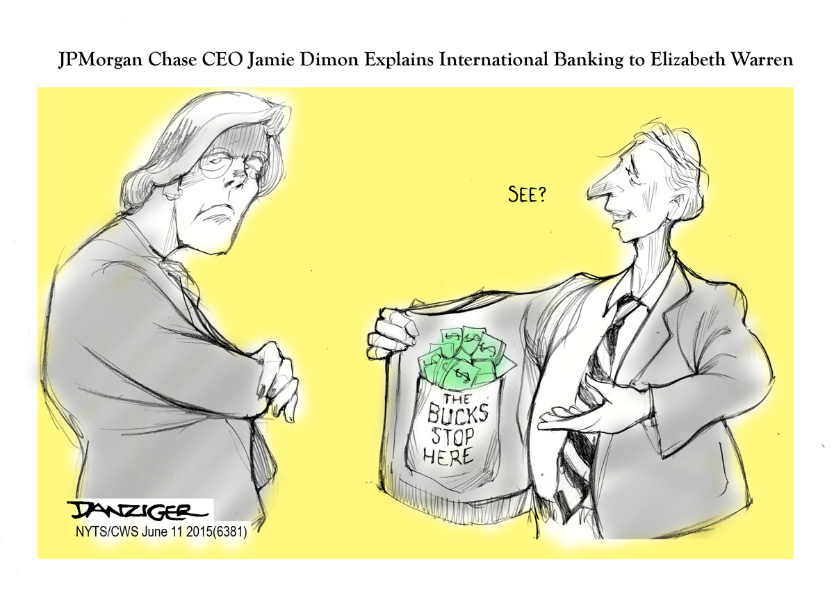 Jamie Dimon, Elizabeth Warren, banking regulation, political cartoon