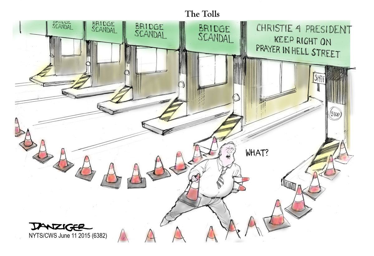Chris Christie, GEO Wash Bridge Scandal, traffice cones, political cartoonb