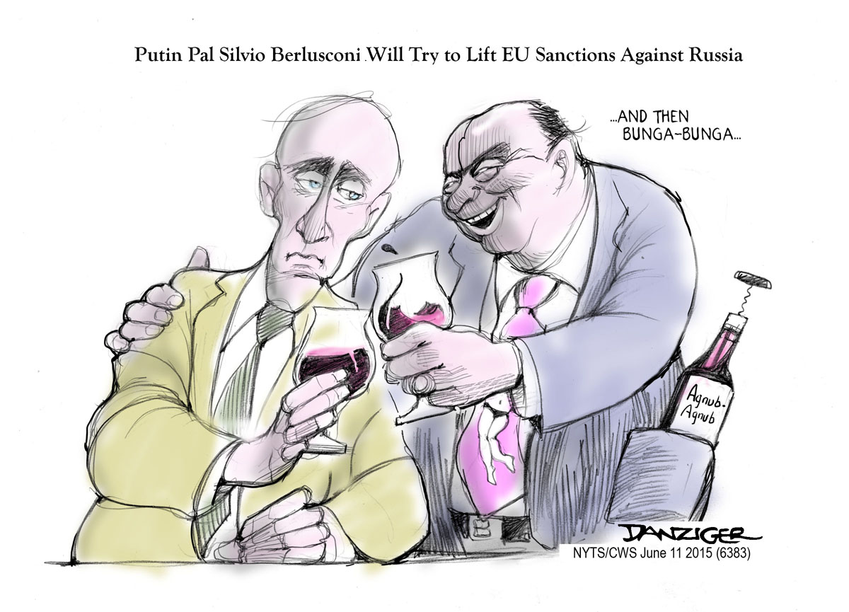 Silvio Berlusconi, Putin, EU sanctions, bunga-bunga, political cartoon