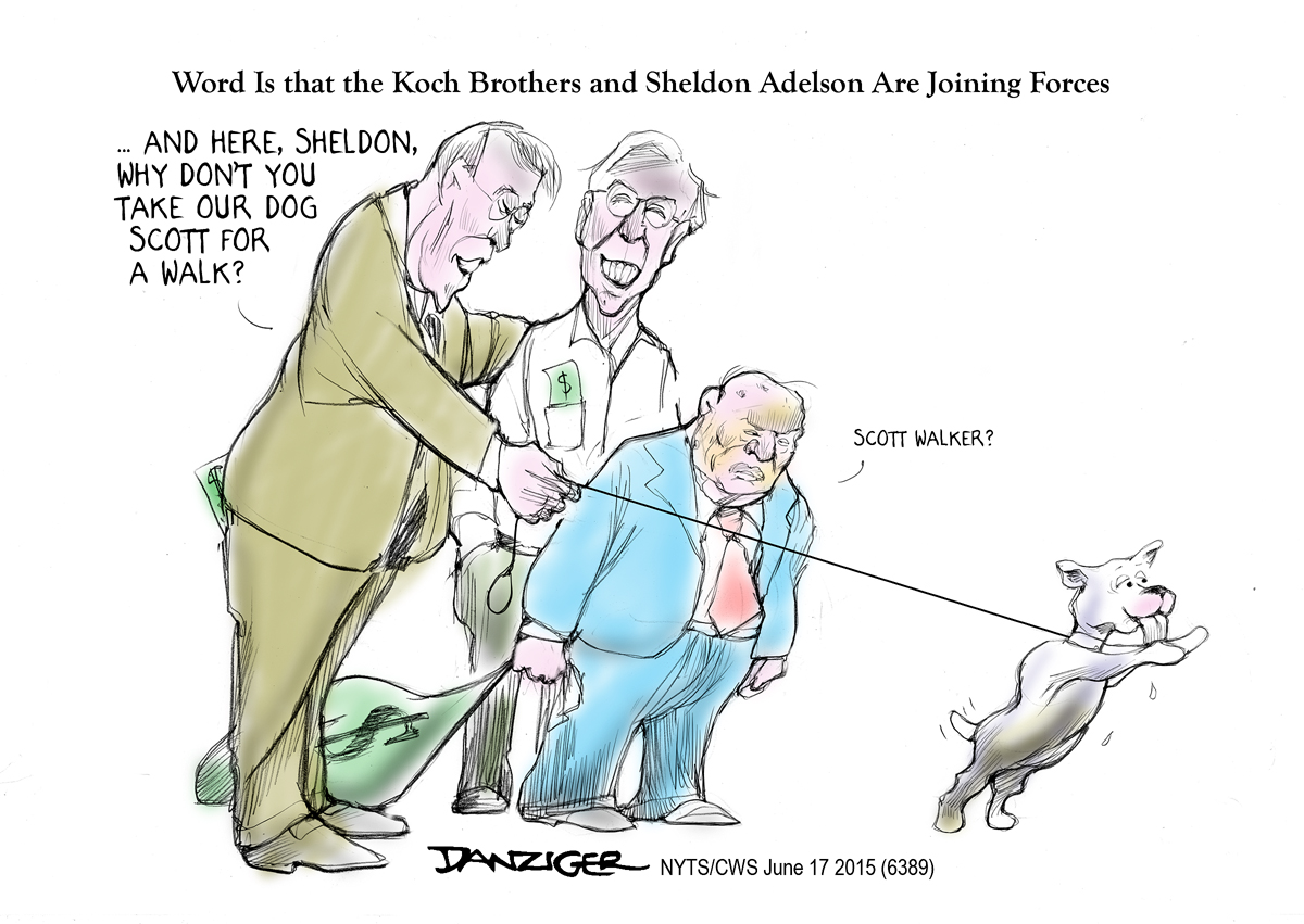 Koch Brothers, Sheldon Adelson, Scott Walker, political cartoon