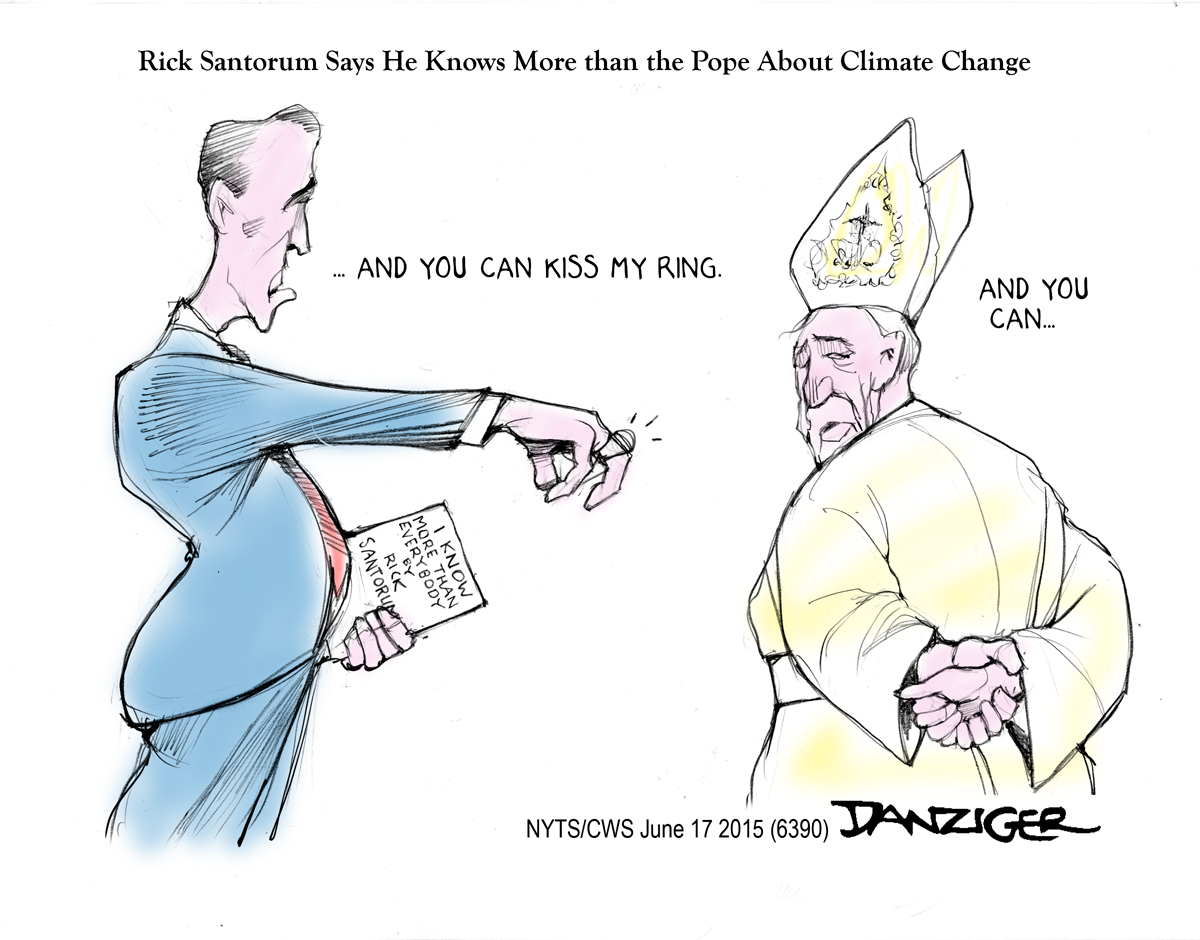 Rick Santorum, Pope Francis, Catholic, Global Warming, political cartoon