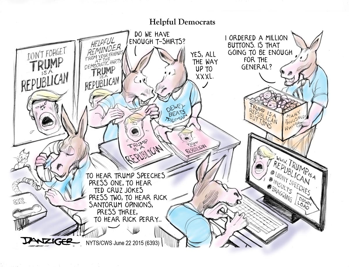 Democrats, Cruz, Trump, Perry, Santorum, political cartoon