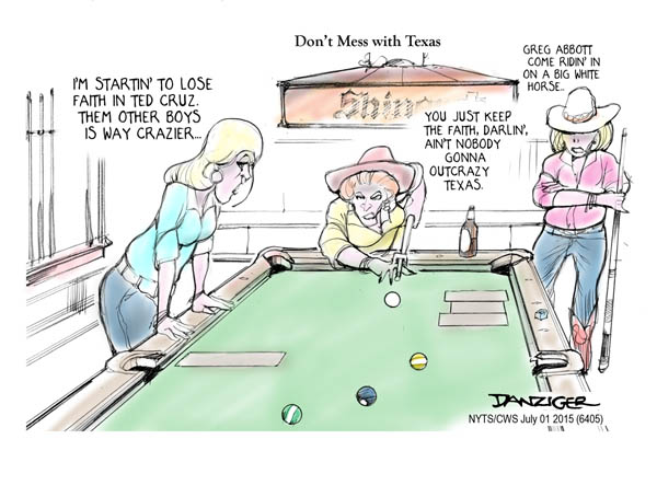 Texas Babes, Texas crazy, Greg Abbott, Ted Cruz, pool room, political cartoon
