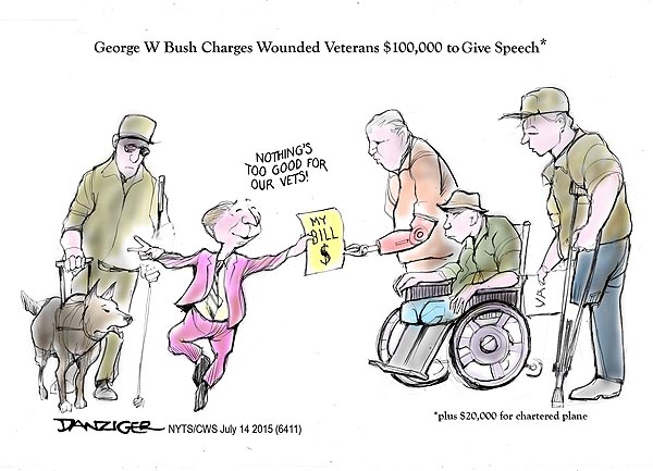 George W Bush, Wounded Vets, Speech fee, political cartoon