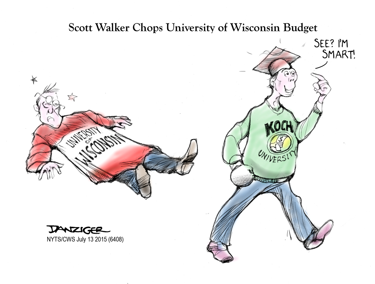 Scott Walker, University of Wisconsin, budget cuts, political cartoon