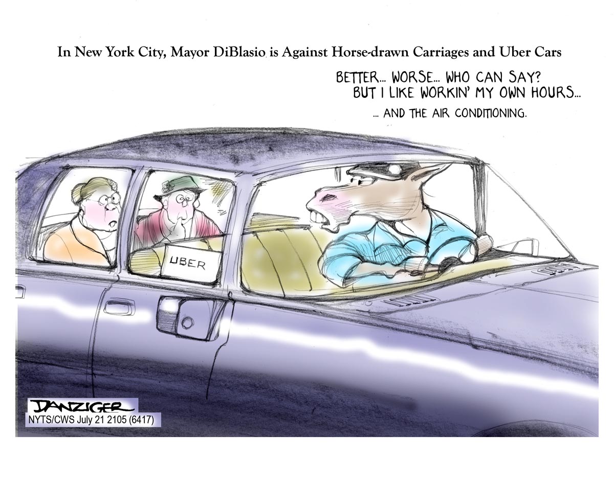 Uber, DiBlasio, New York City, Central Park horses, political cartoon