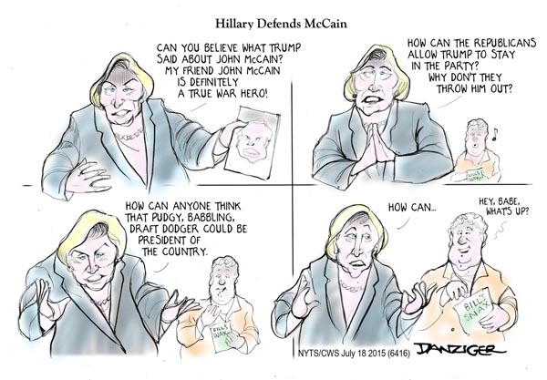 Hillary Clinton, Bill Clinton, Trump, McCian, draft dodger, political cartoon