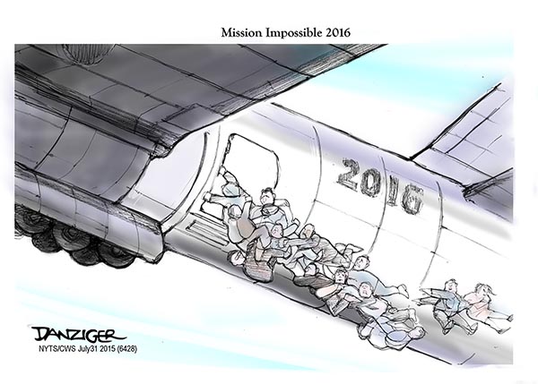 GOP candidates, 2016, Mission Impossible, hanging on the plane, political cartoon