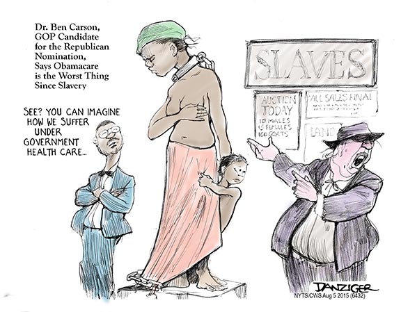 Ben Carson, Obamacare, Slavery, GOP candidates, political cartoon