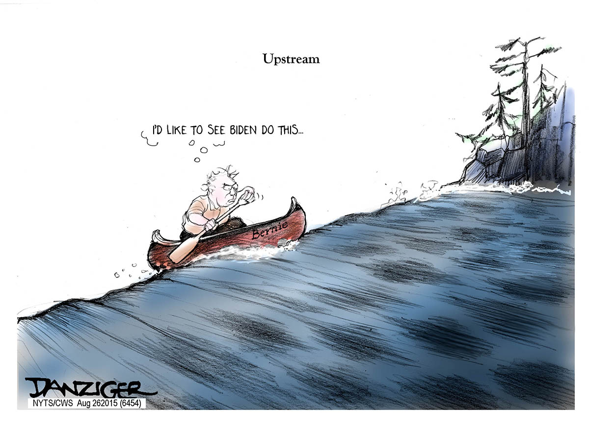 Bernie Sanders, upstream, Biden bid, political cartoon