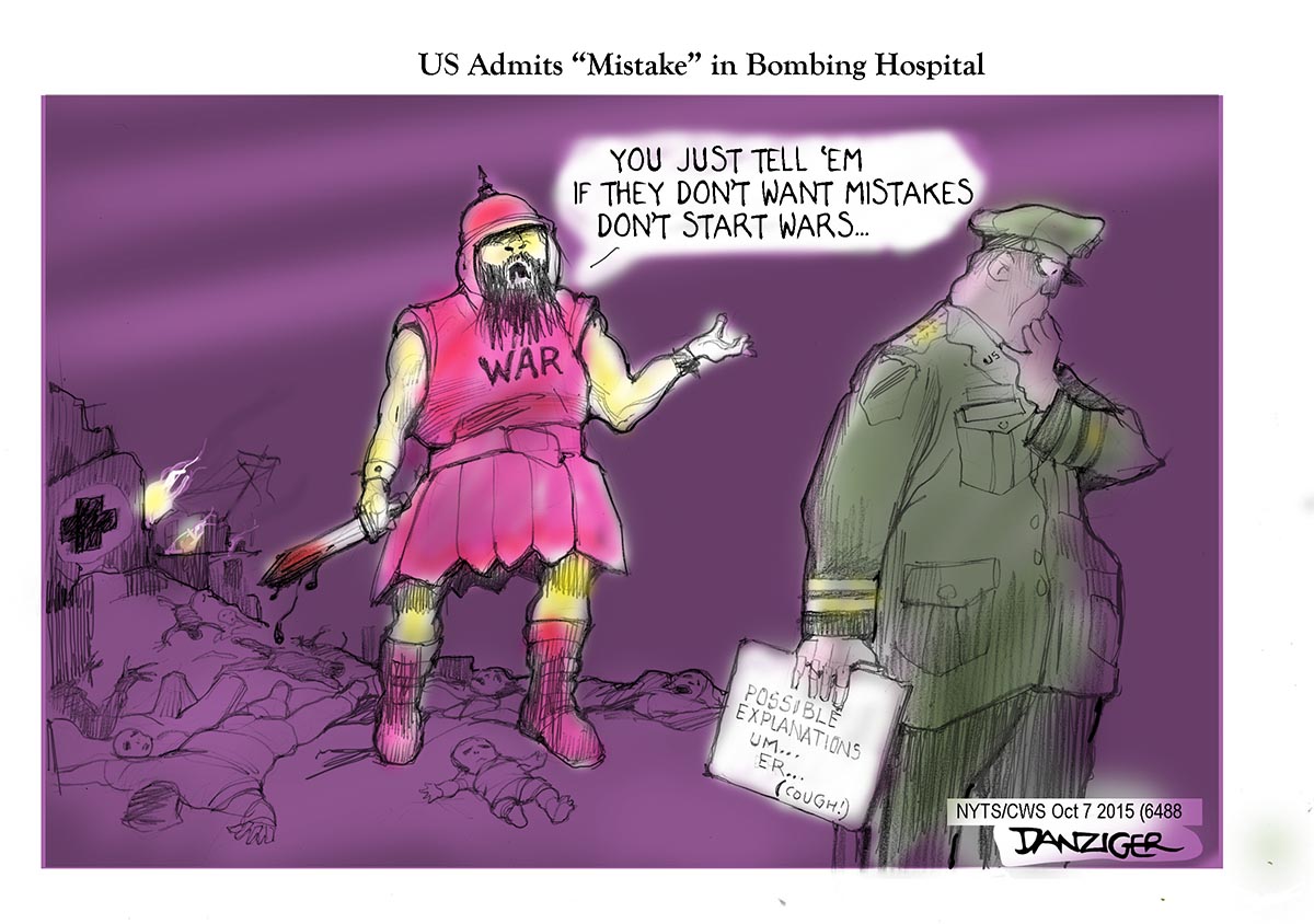 US AF, bombs hospital, Afghanistan War, war, mistakes, political cartoon