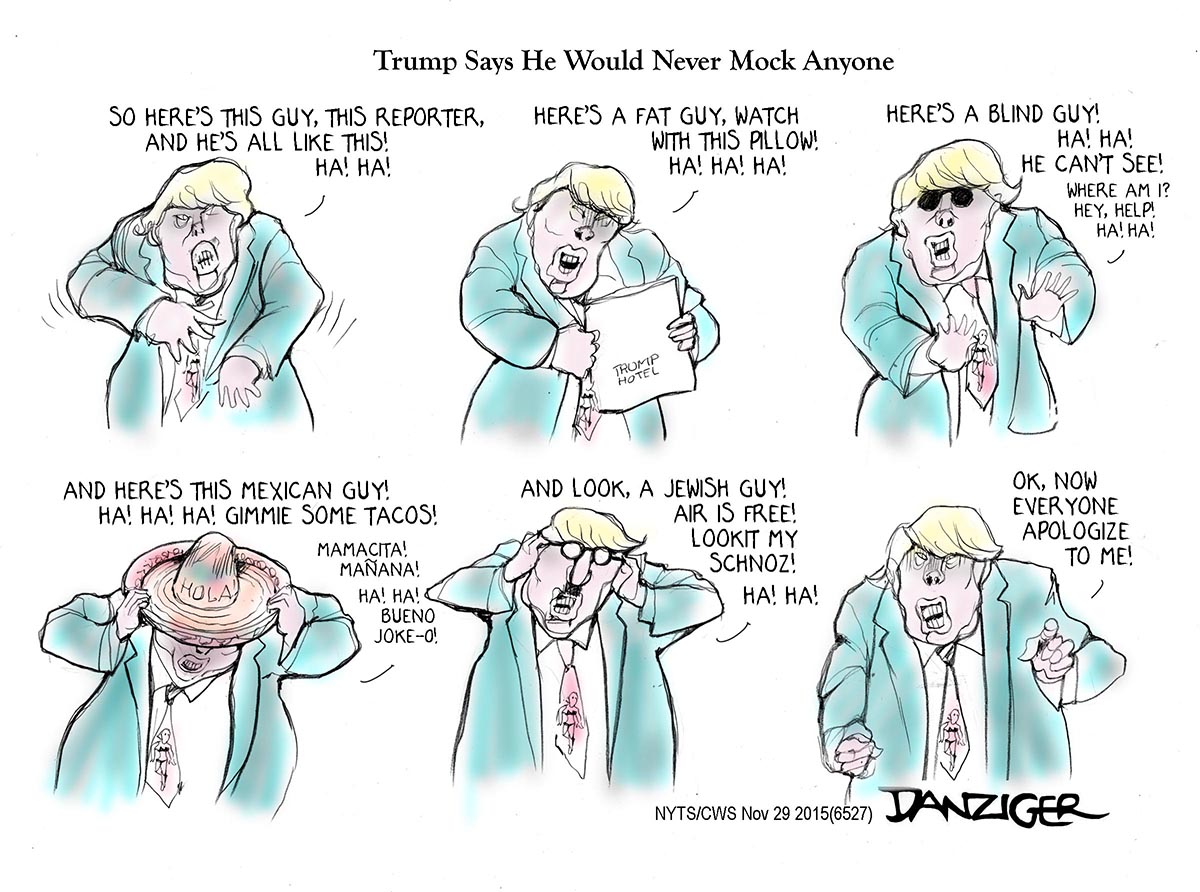Trump, mocking disabilities, political cartoon