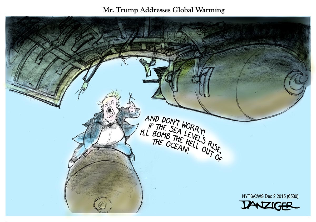 Trump, global warming, sea level, political cartoon