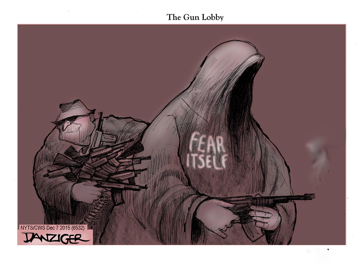 GUn Lobby, fear itself,gun industry, NRA, political cartoon