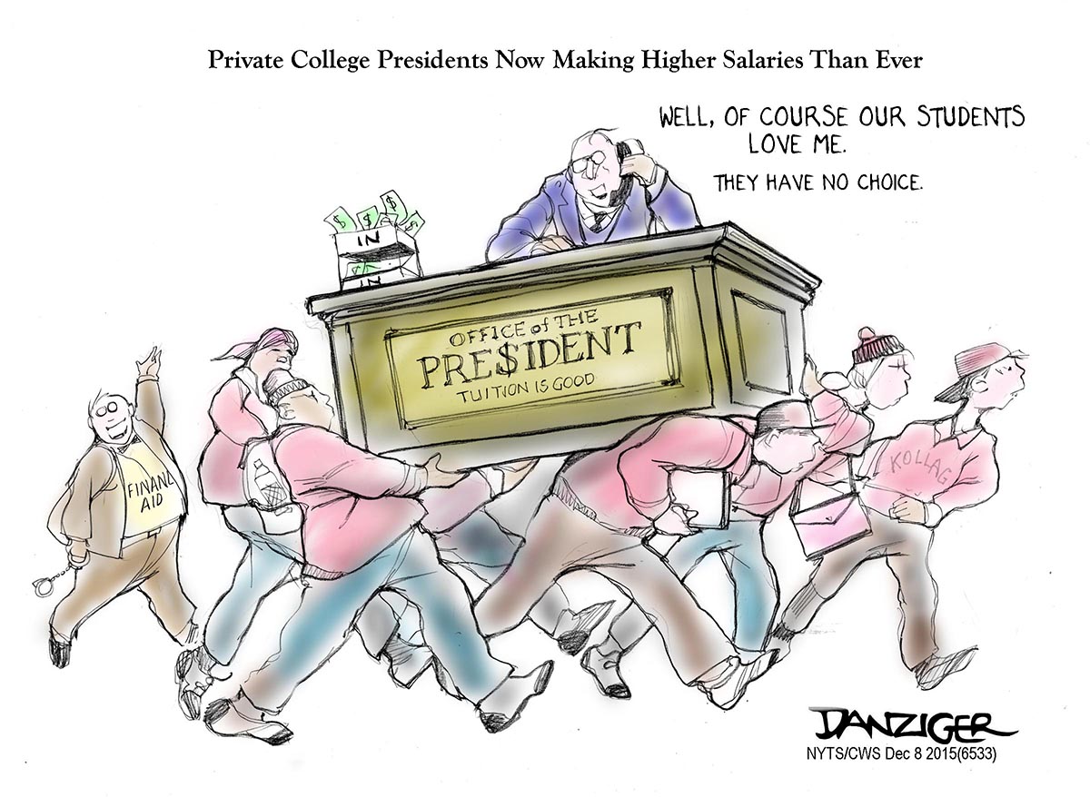 private college, presidentsâ€™ pay, political cartoon