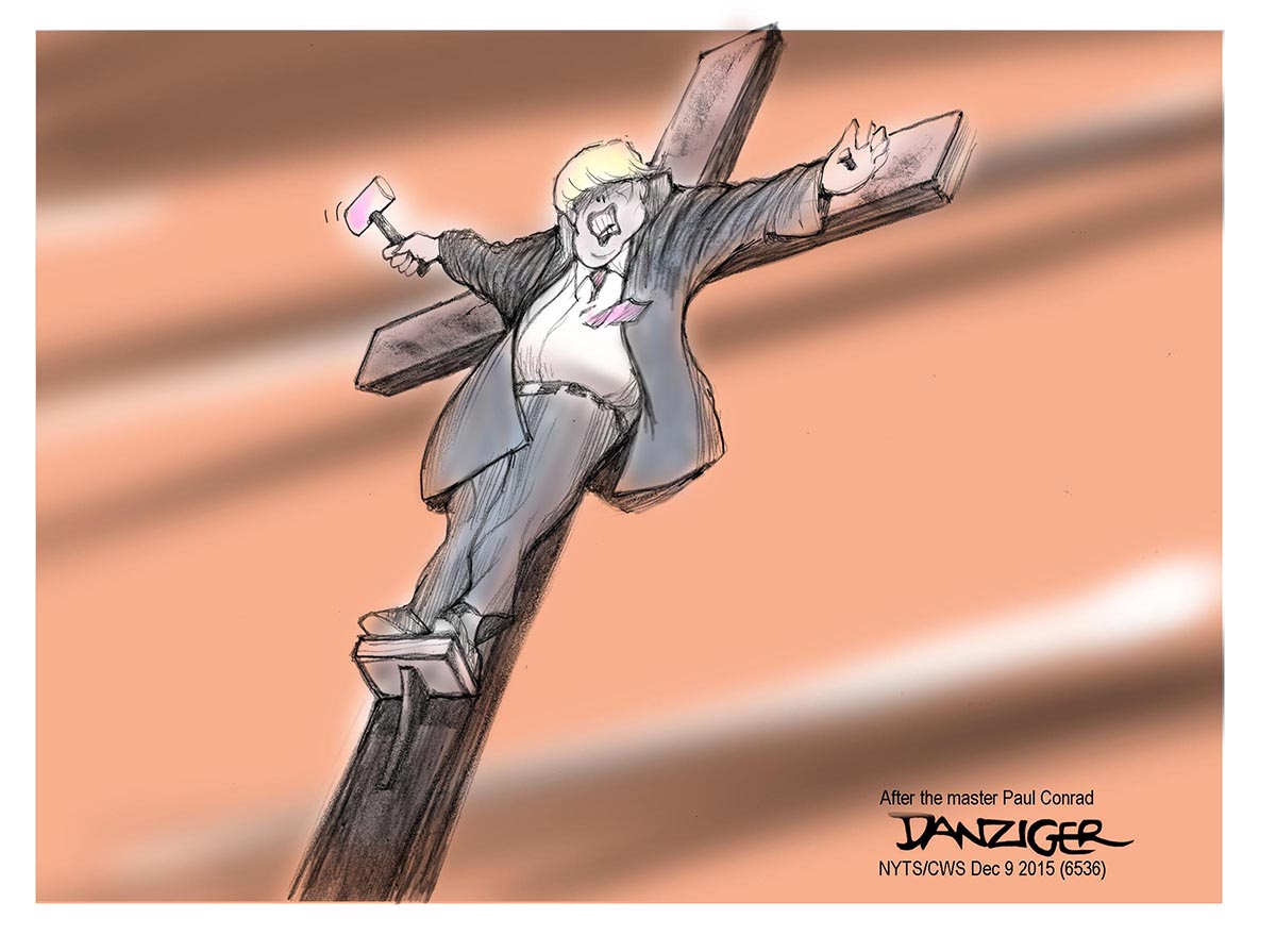 Trump, cross, Paul Conrad, political cartoon