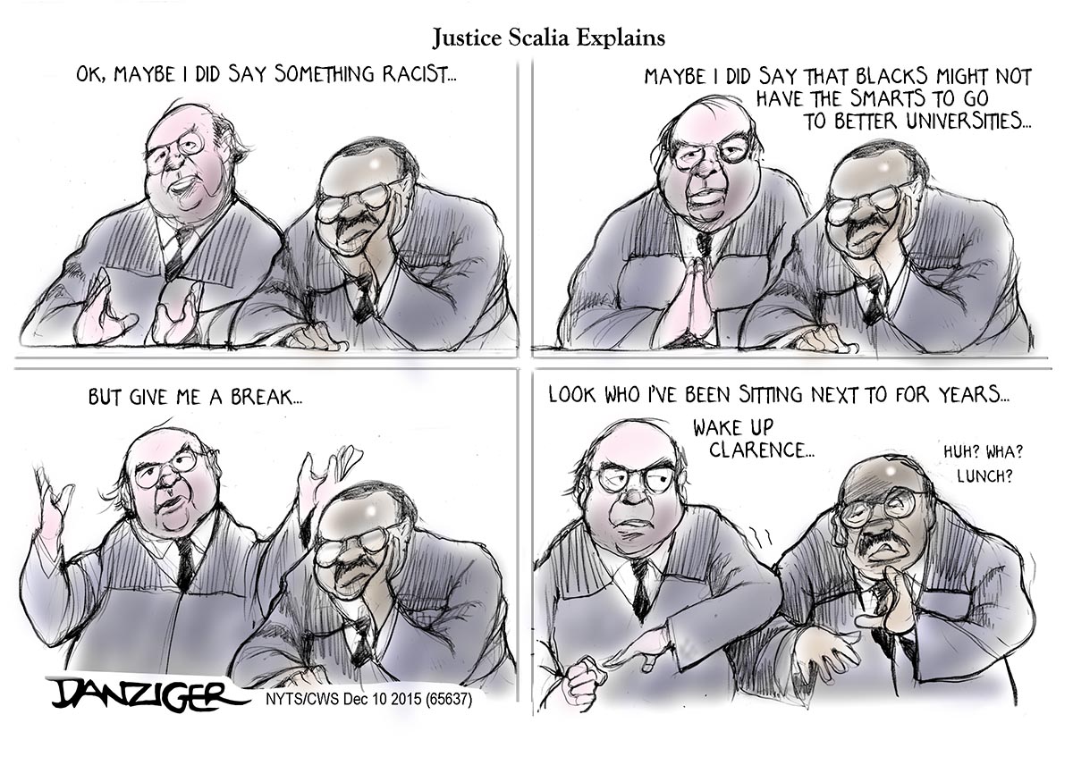 Antonin Scalia, racist comments, blacks in educations, Clarence Thomas, political cartoon