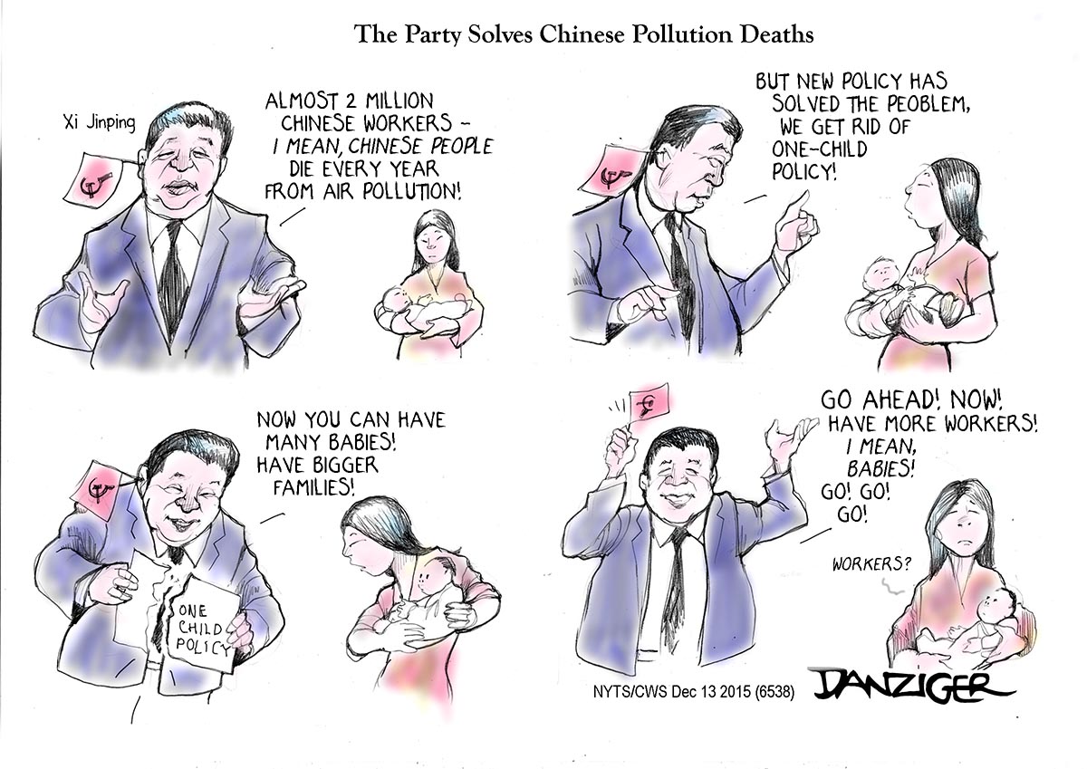 China, Xi Jinping, pollution, one-child policy, political cartoon