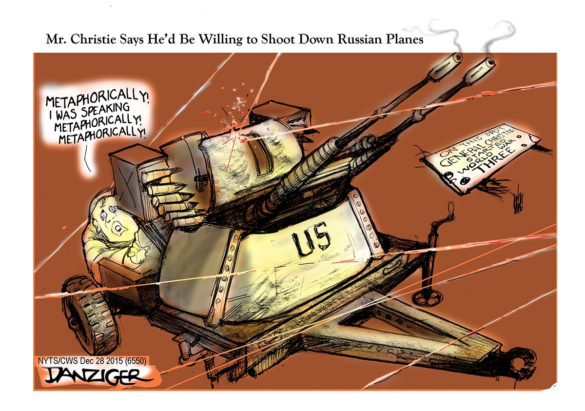 Chris Christie, no fly space, firing on Russian planes, WW 3, political cartoon