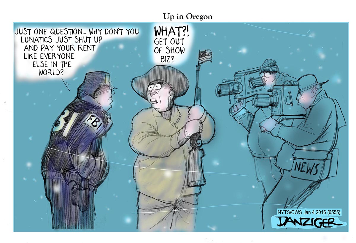 Oregon  mioitia, FBI, Bundy family, Burns, political cartoon