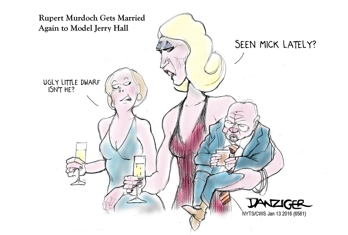 Rupert Murdoch, Jerry Hall, Mick Jagger, political cartoon