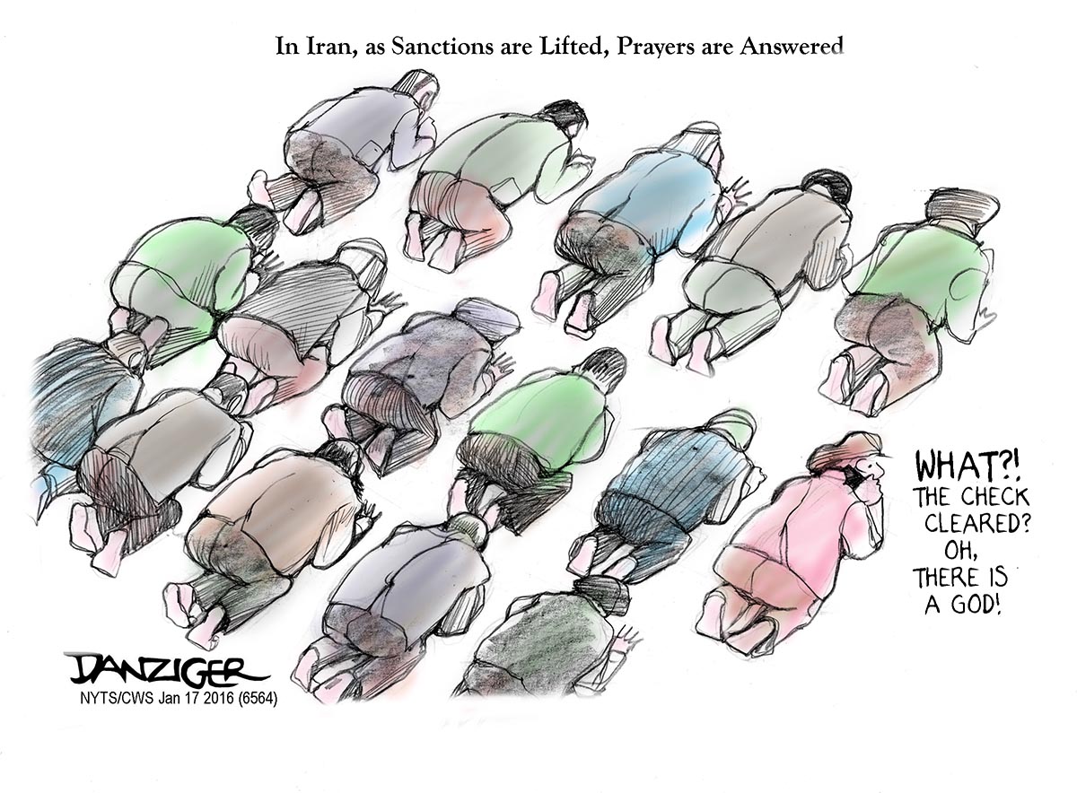 Iran, Muslims. Financial Sanctions, political cartoon