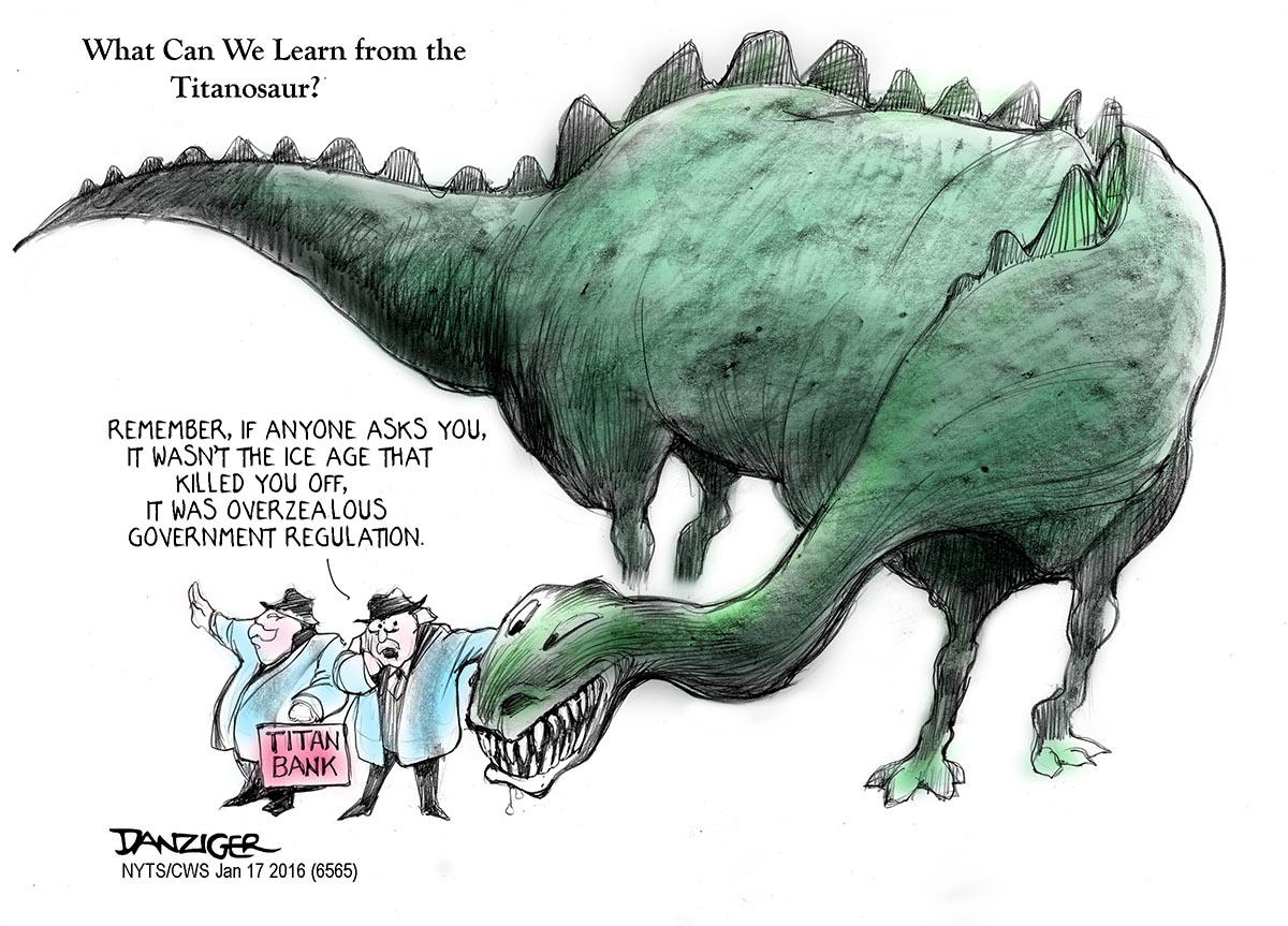 Banks, Titanosaur, Ice Age, political cartoon