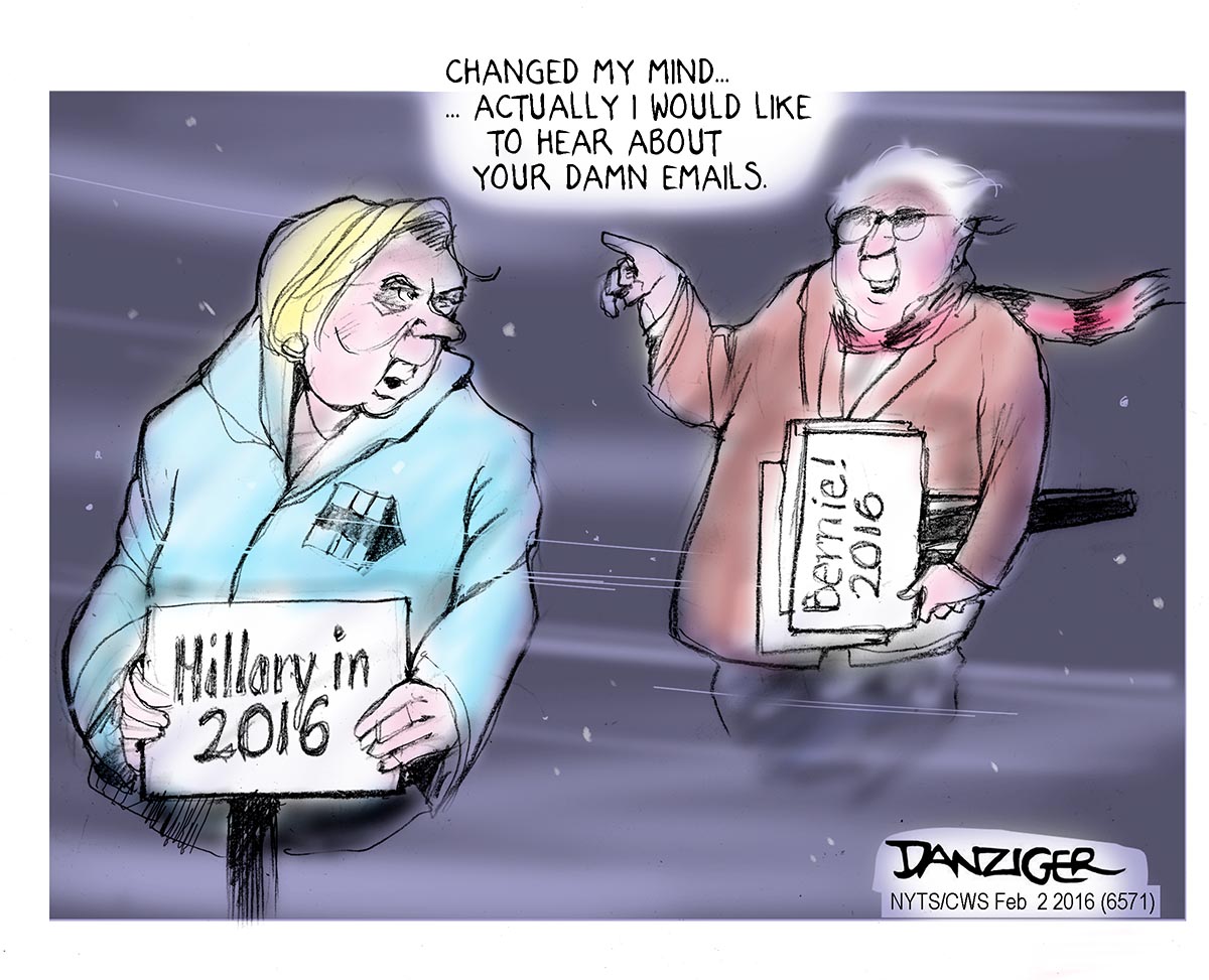 HJillary Clinton, Bernie Sanders, emails, political cartoon