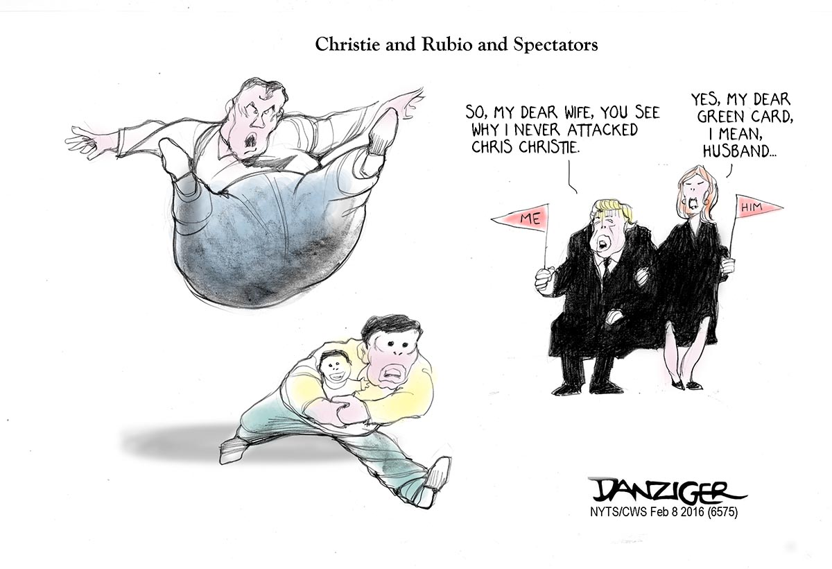 Chrsitie, Rubio, Trumps, political cartoon