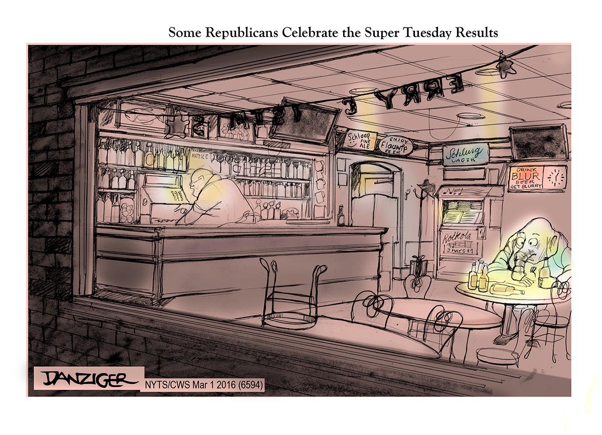 Super Tuesday, Trump, Republican party, political cartoono