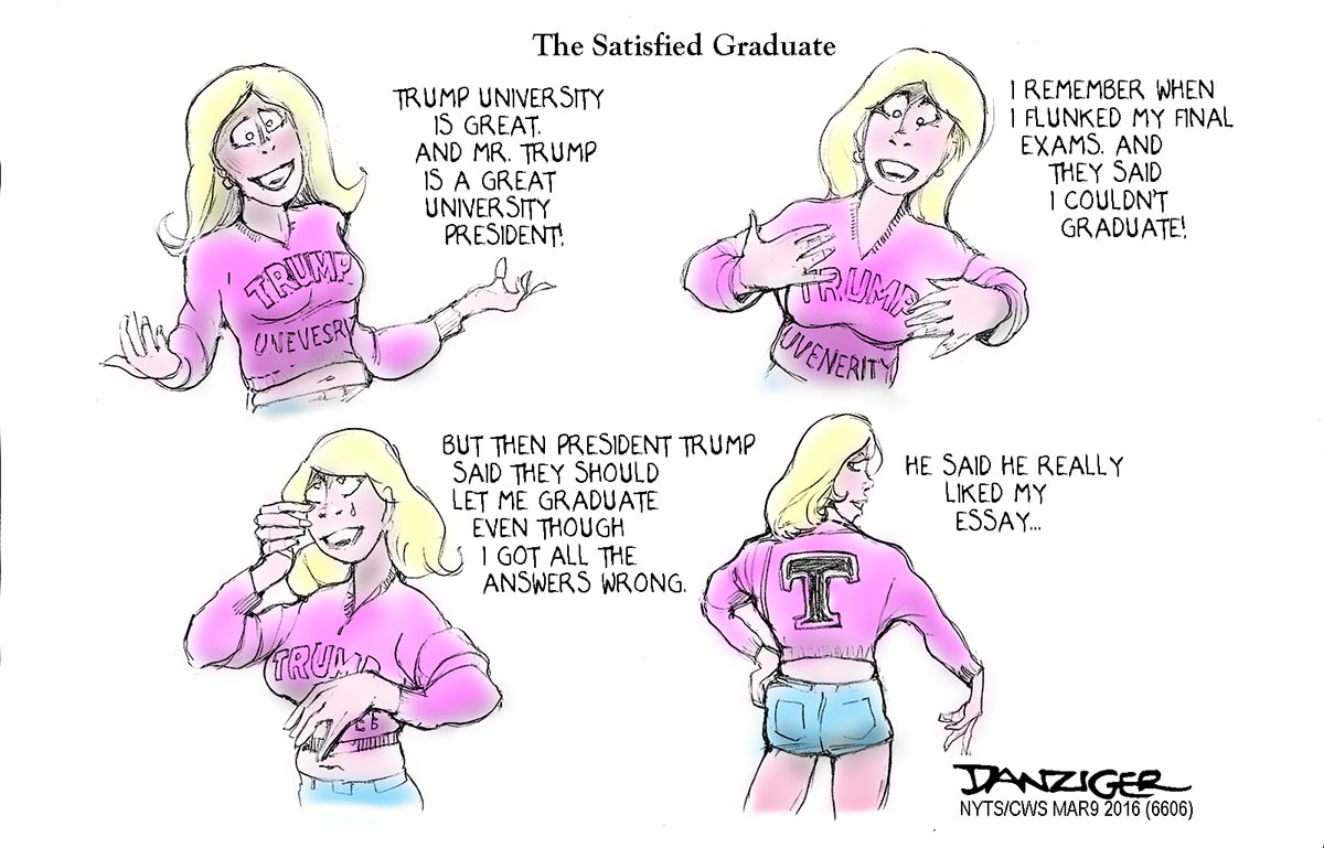 Trump University, graduate, political cartoon