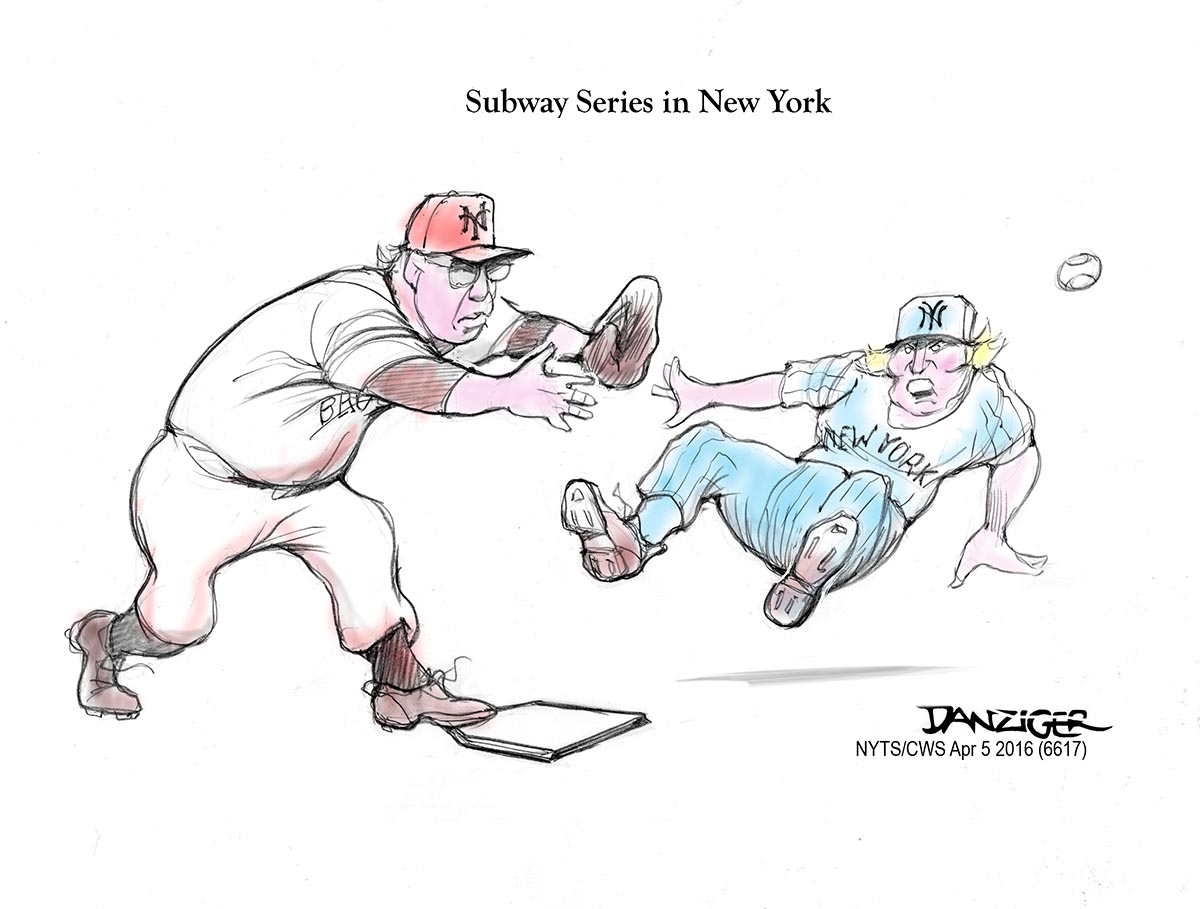 Sanders, Hillary, NY Primary, subway series, political cartoon