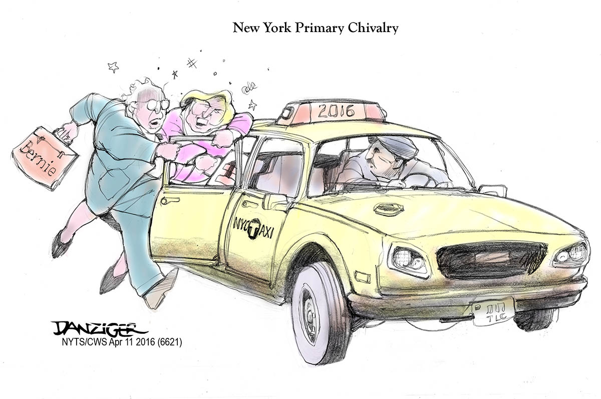 NYb Primary, Sanders, Clinton, political cartoon