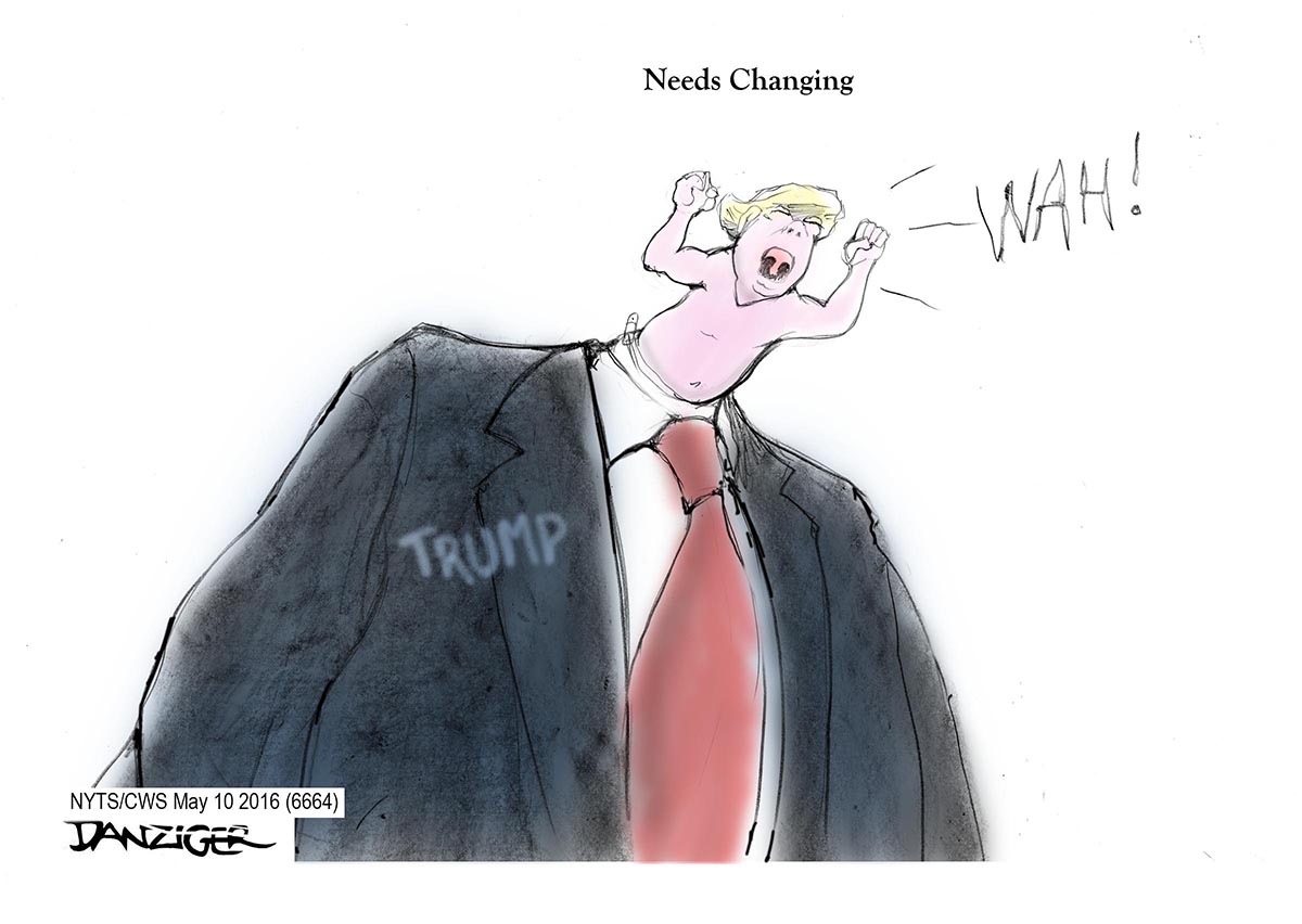 Trump, baby-man, political cartoon