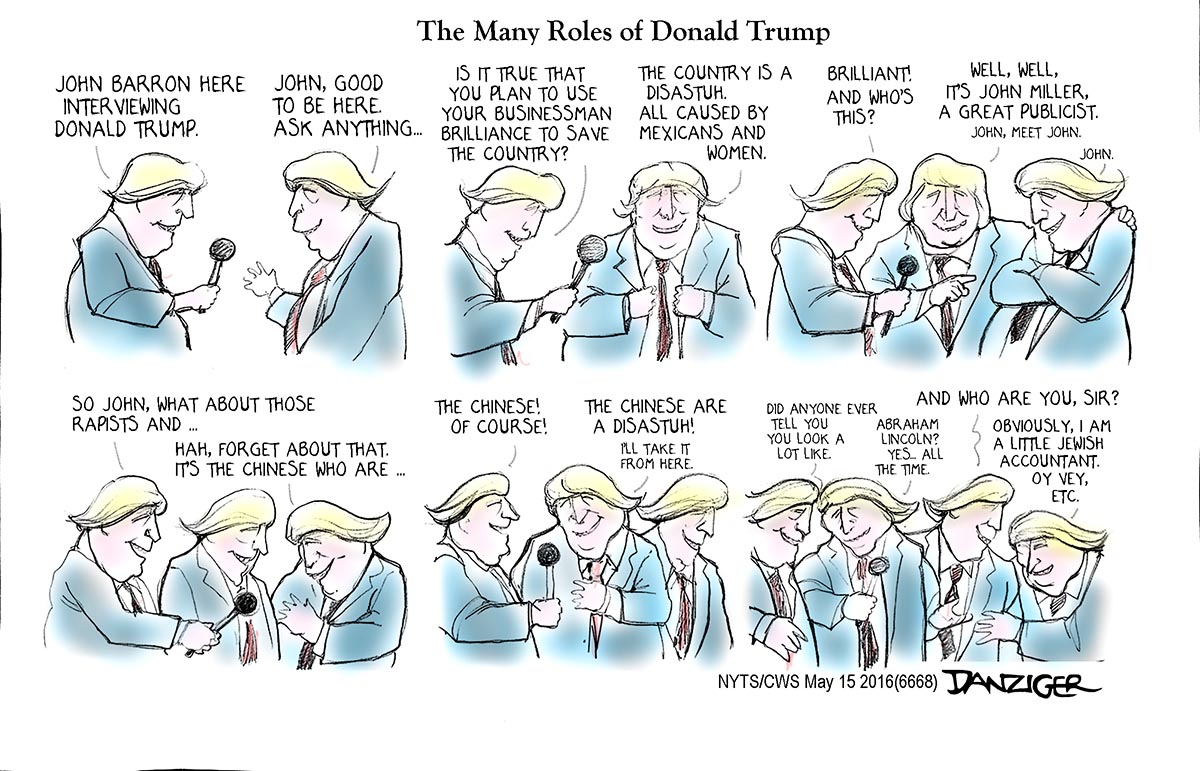 Donald Trump, many roles, John Barron, John Miller, political cartoon