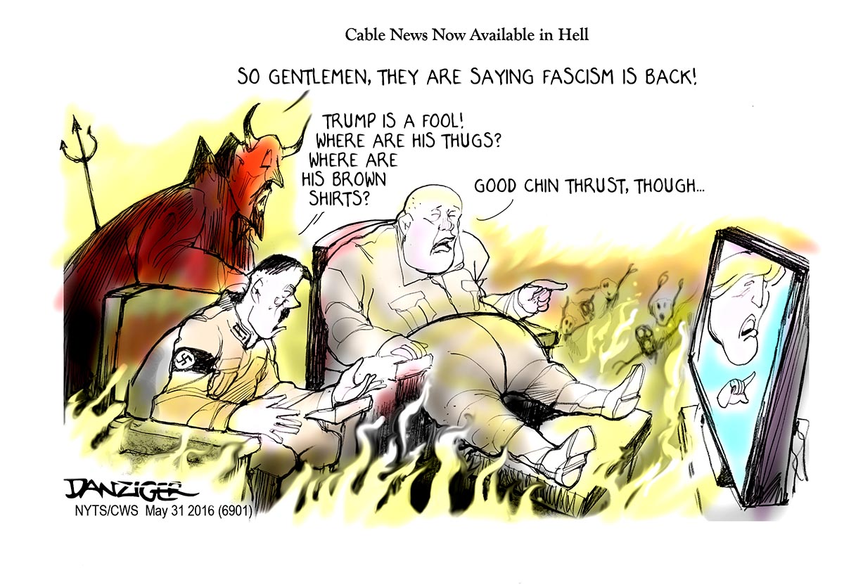 Trump, Fascism, Hell, Devil, Cable News,  Hitler, Mussolini, political cartoon