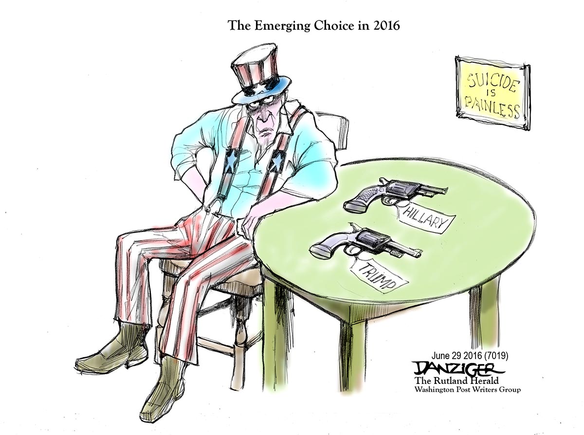 Uncle Sam, 2016 presidential race, Trump, Hillary, political cartoon