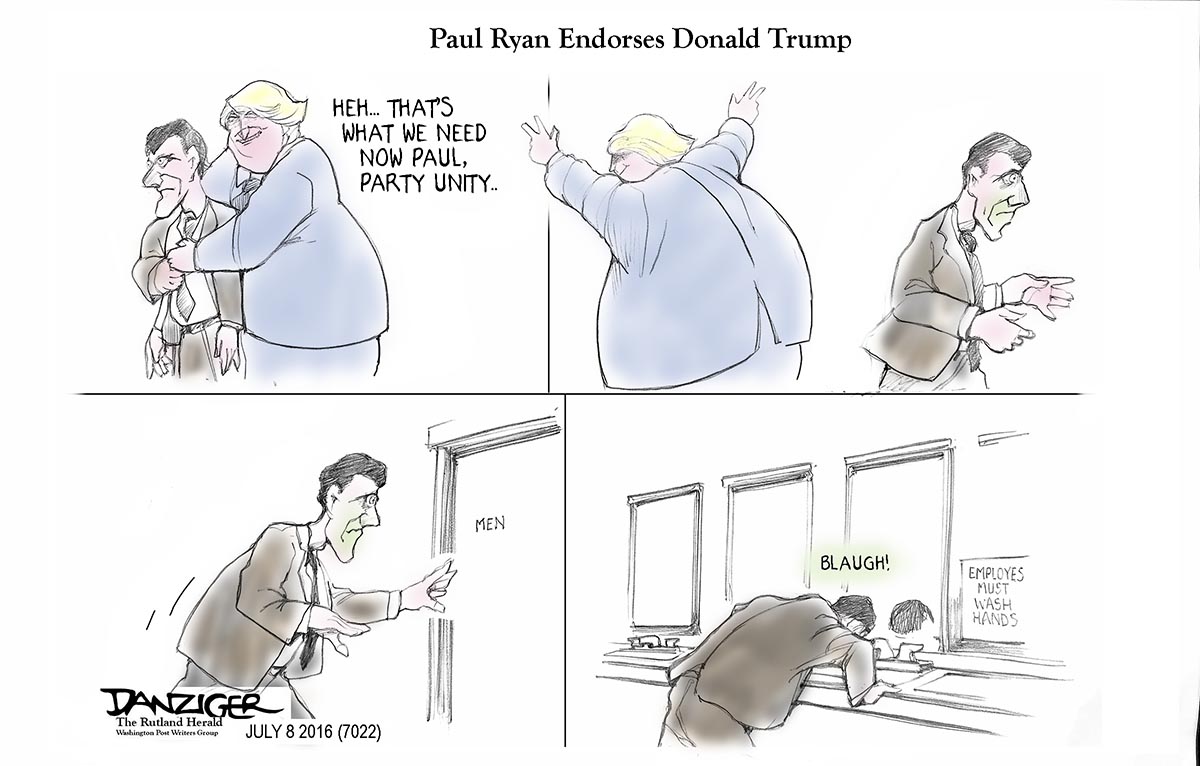 Trump, Ryans endorse, GOP unity, political cartoon