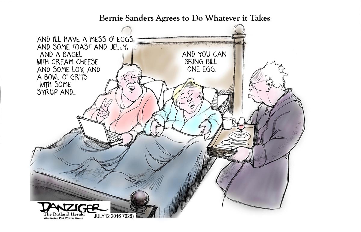 Bernie Sanders, Clintons,  endorwsements, July12 2016, political cartoon